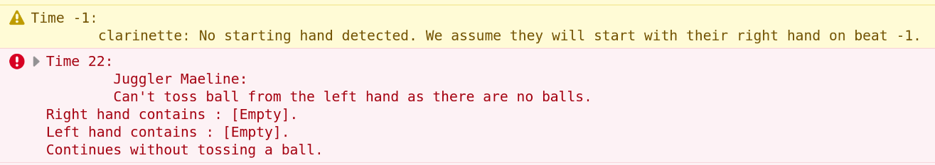 Exemple de messages d’erreur et d’avertissement affichés dans la console du navigateur quand le siteswap musical est erroné.